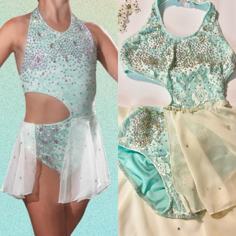 Glamour solo dance costume aqua blue lyrical embellished leotard dress XLC SA